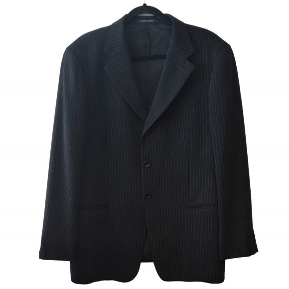 Armani Collezioni Mens Black Pinstriped 3 Button 100% Wool Suit Blazer Jacket 42 - Picture 1 of 12